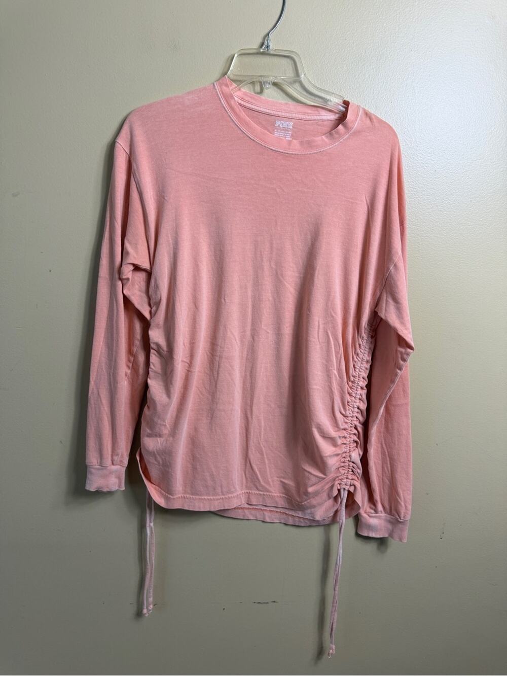 PINK Campus ruched side long sleeve tee. Pink peach XS